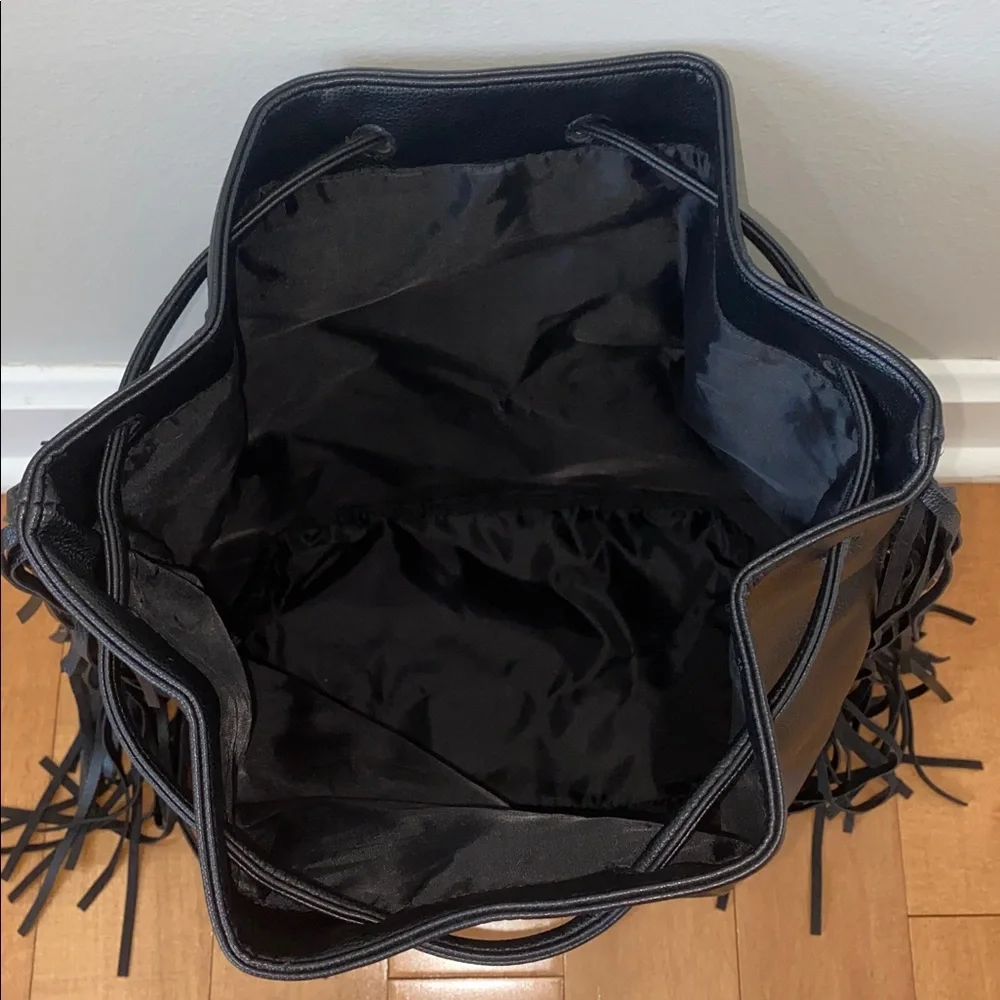 Victoria Secret Black FAUX Leather Fringe Drawstring Backpack bag - Picture 6 of 7